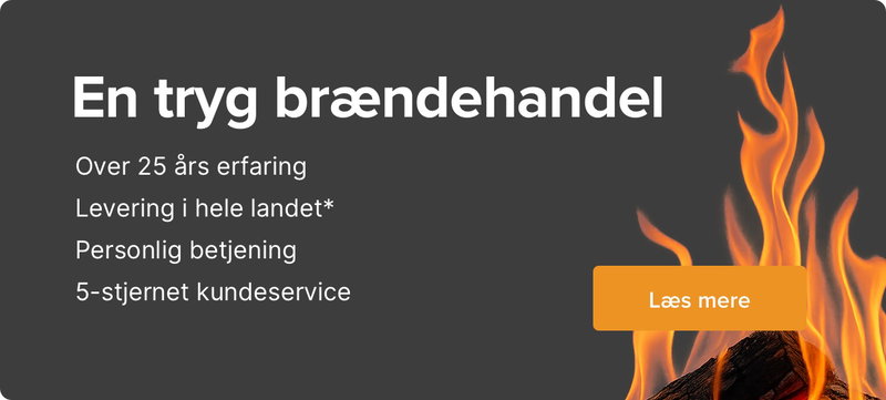 Banner med teksten 'En tryg brændehandel' og punkter: Over 25 års erfaring, levering i hele landet, personlig betjening og 5-stjernet kundeservice; flammer og brænde til højre