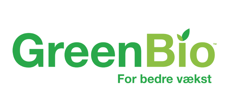 GreenBio logo med teksten "For bedre vækst" GreenBio logo i grønne bogstaver med et lille blad over bogstavet i og slagordet "For bedre vækst"