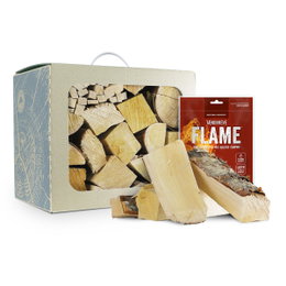 Brænde i boks med tændbreve FLAME Pakke med brænde og FLAME tændbreve til optænding