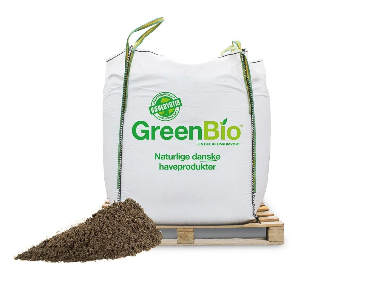 GreenBio naturgødning i bigbag på palle GreenBio organisk gødning i stor sæk med jord
