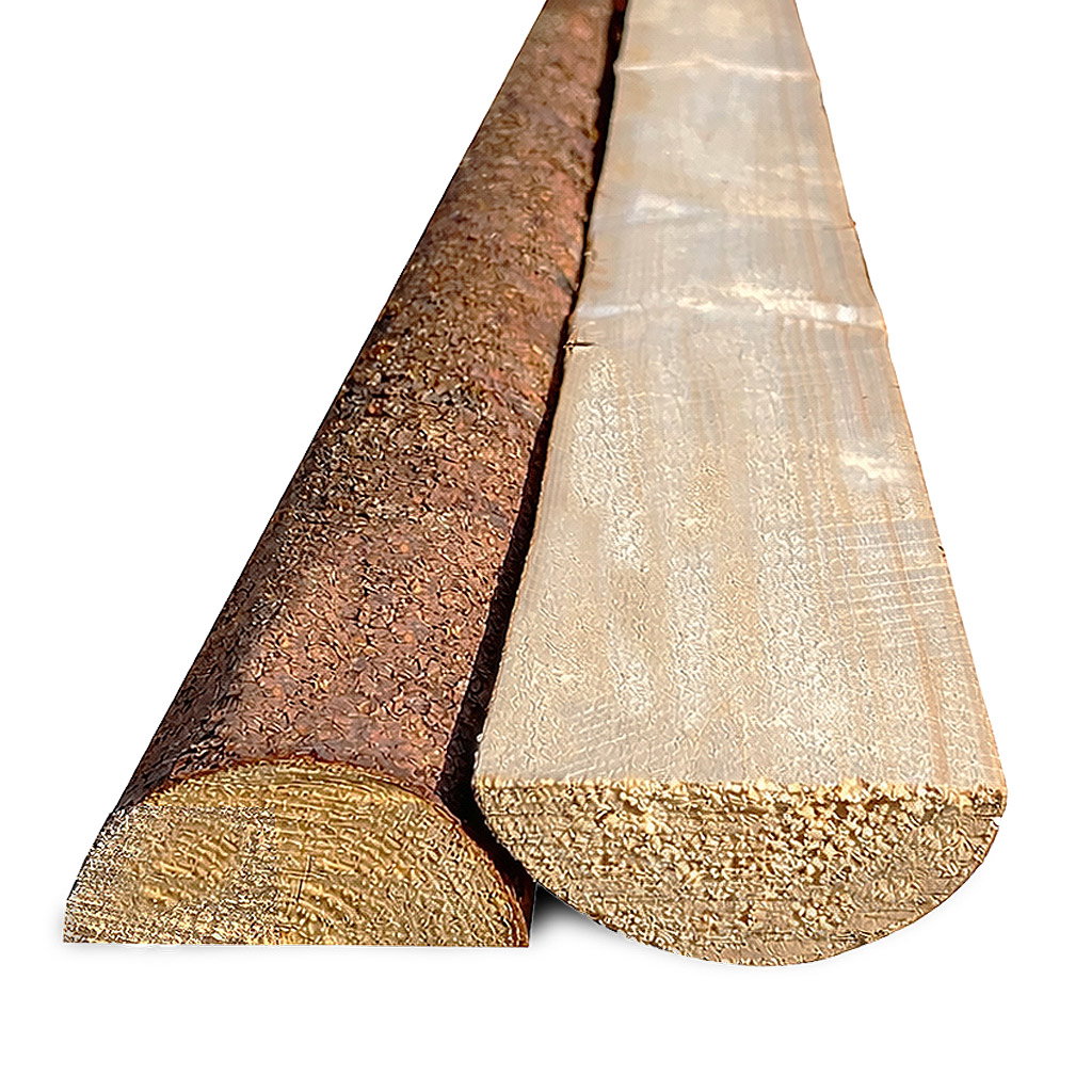 BMB flækkede (halve) granrafter med bark, længde 220 cm, diameter ca. 6-9 cm (midte). Naturligt variende overflade og krumme rafter, velegnet til havens projekter
