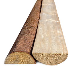 Flækkede granrafter med bark Ø6-9 cm x 220 cm – BMB BMB flækkede (halve) granrafter med bark, længde 220 cm, diameter ca. 6-9 cm (midte). Naturligt variende overflade og krumme rafter, velegnet til havens projekter