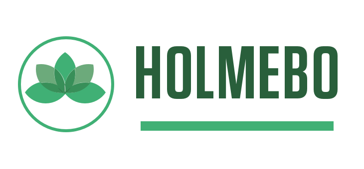 Holmebo logo: grøn lotusblomst i cirkel til venstre, stort firmanavn 'HOLMEBO' og en horisontal grøn streg