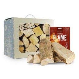 Brænde i kasse med tændbreve FLAME Brænde til pejs og grill med FLAME tændbreve