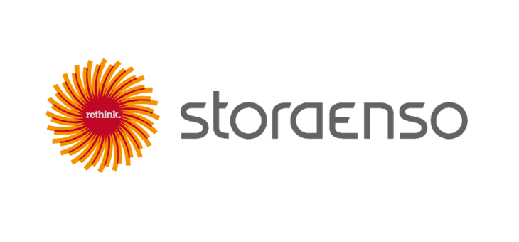 Stora Enso-logo med orange blomst og teksten 'storaenso' Logo for Stora Enso med orange, solformet blomst og lille rød cirkel med teksten 'rethink' i midten
