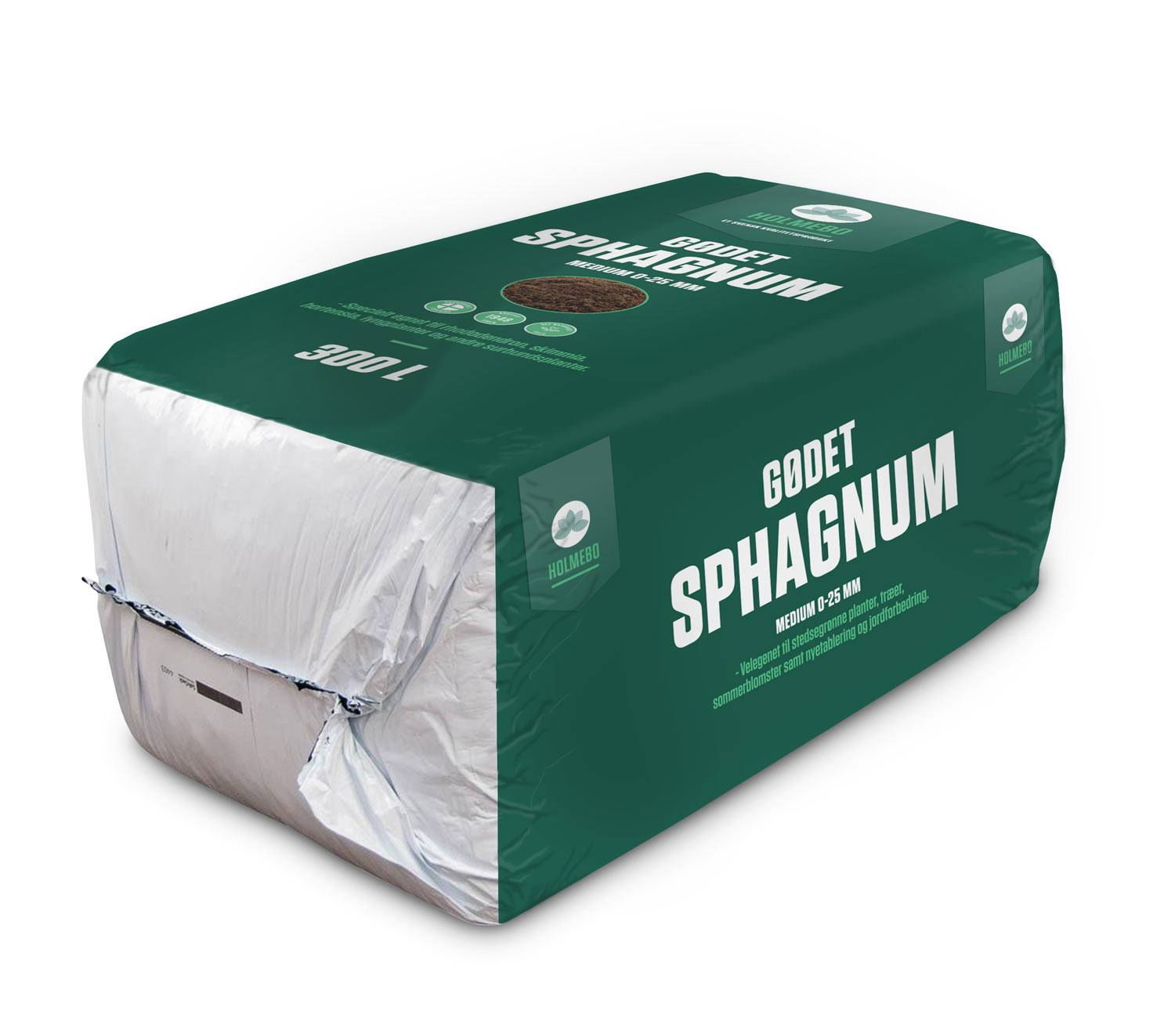 Pose med Holmebo Gødet Sphagnum 0-25 mm, 300 liter – lys, gødet og kalket sphagnum fra svensk højmose, bevarer fugt, øger muldindhold og stimulerer roddannelse