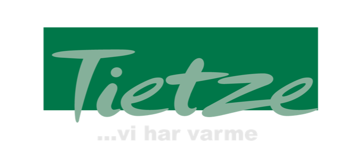 Tietze-logo med teksten '...vi har varme' på grøn baggrund Tietze firmalogo med grøn rektangel i baggrunden og hvidt slogan '...vi har varme'