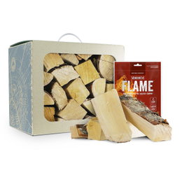 Brænde i boks med tændbreve FLAME Kasse med pejsebrænde og pose FLAME tændbreve