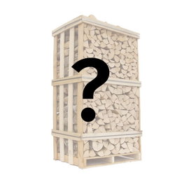 Mystery-kasse med blandet brænde Stor pallekasse med blandet brænde og spørgsmålstegn