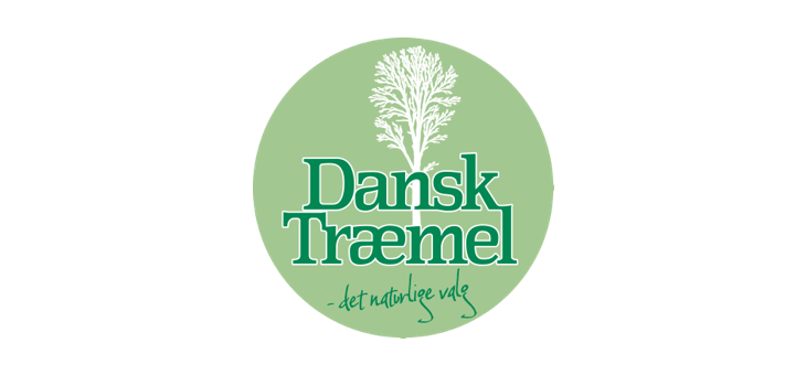 Dansk Træmel logo - det naturlige valg Logo for Dansk Træmel med hvide træillustration, teksten "Dansk Træmel" og sloganet "det naturlige valg" på grøn cirkulær baggrund