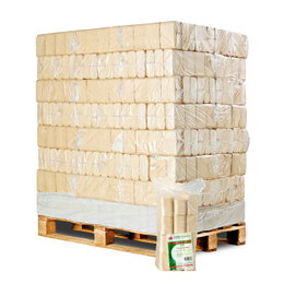 Træbriketter RUF 960 kg - BMB, 96 poser á 10 kg lyse træbriketter Palle med Træbriketter RUF 960 kg fra BMB, 96 poser á 10 kg med lyse RUF træbriketter pakket i plast; rent naturprodukt fremstillet af træsmuld og spåner