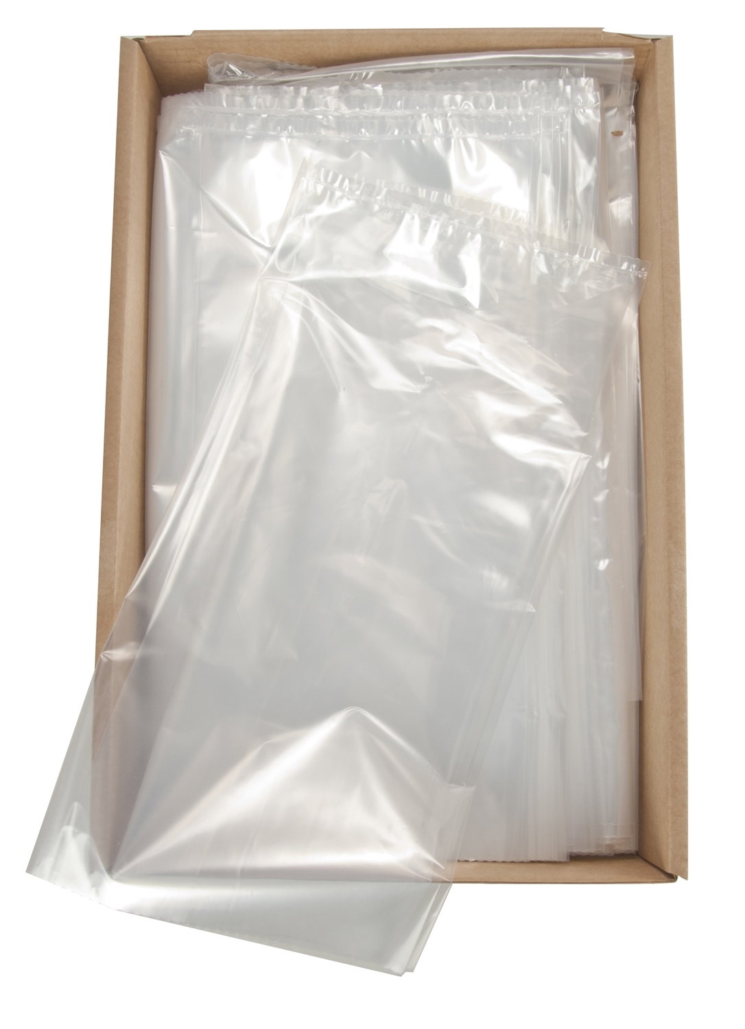 Klar plastpose uden lukning leveres i kasse