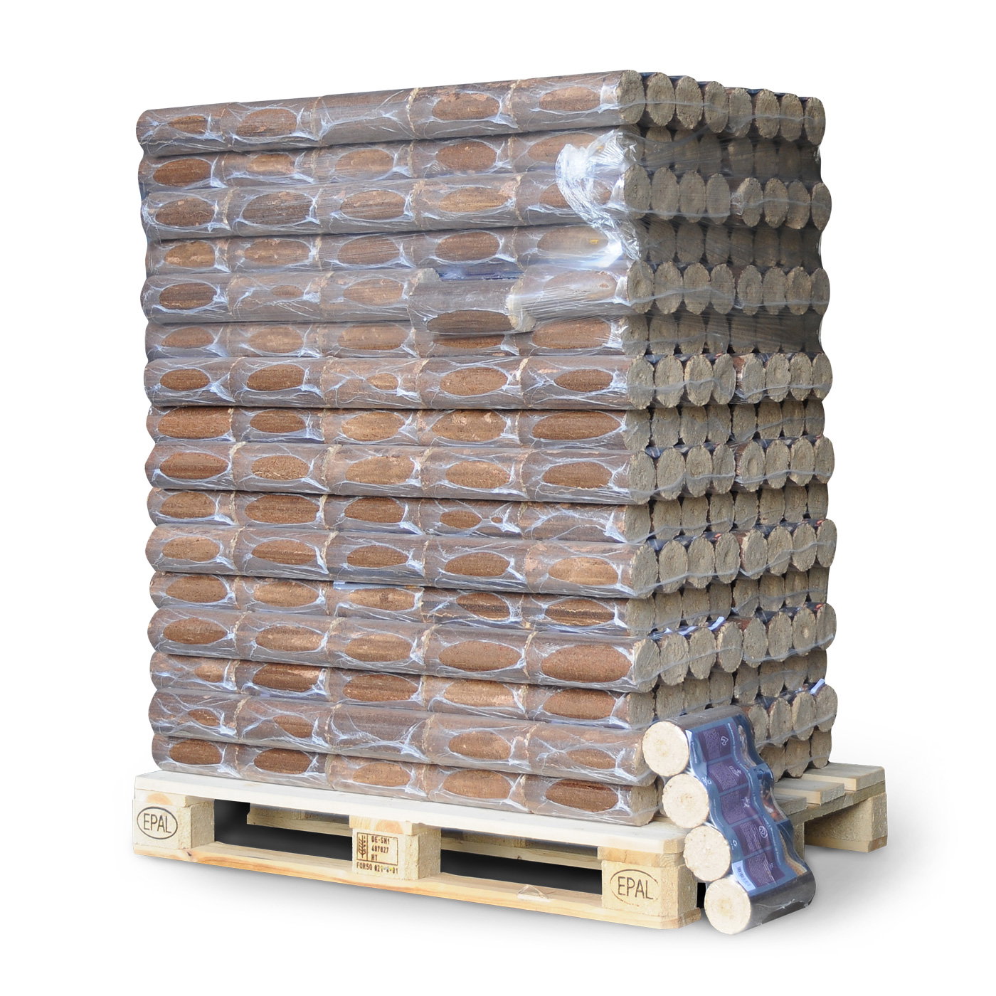 Palle med Deluxe Bøgebriketter Premium 960 kg fra BMB, tætpresse­de bøgebriketter i plastpakker (4 stk á ca. 6 kg), Ø9x22 cm, meget lavt askeindhold (