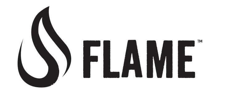 FLAME-logo med sort flammeikon og teksten FLAME Sort FLAME-logo med flammeikon og teksten FLAME