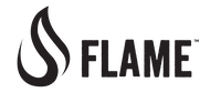 FLAME-logo med sort flammeikon og teksten FLAME Sort FLAME-logo med flammeikon og teksten FLAME