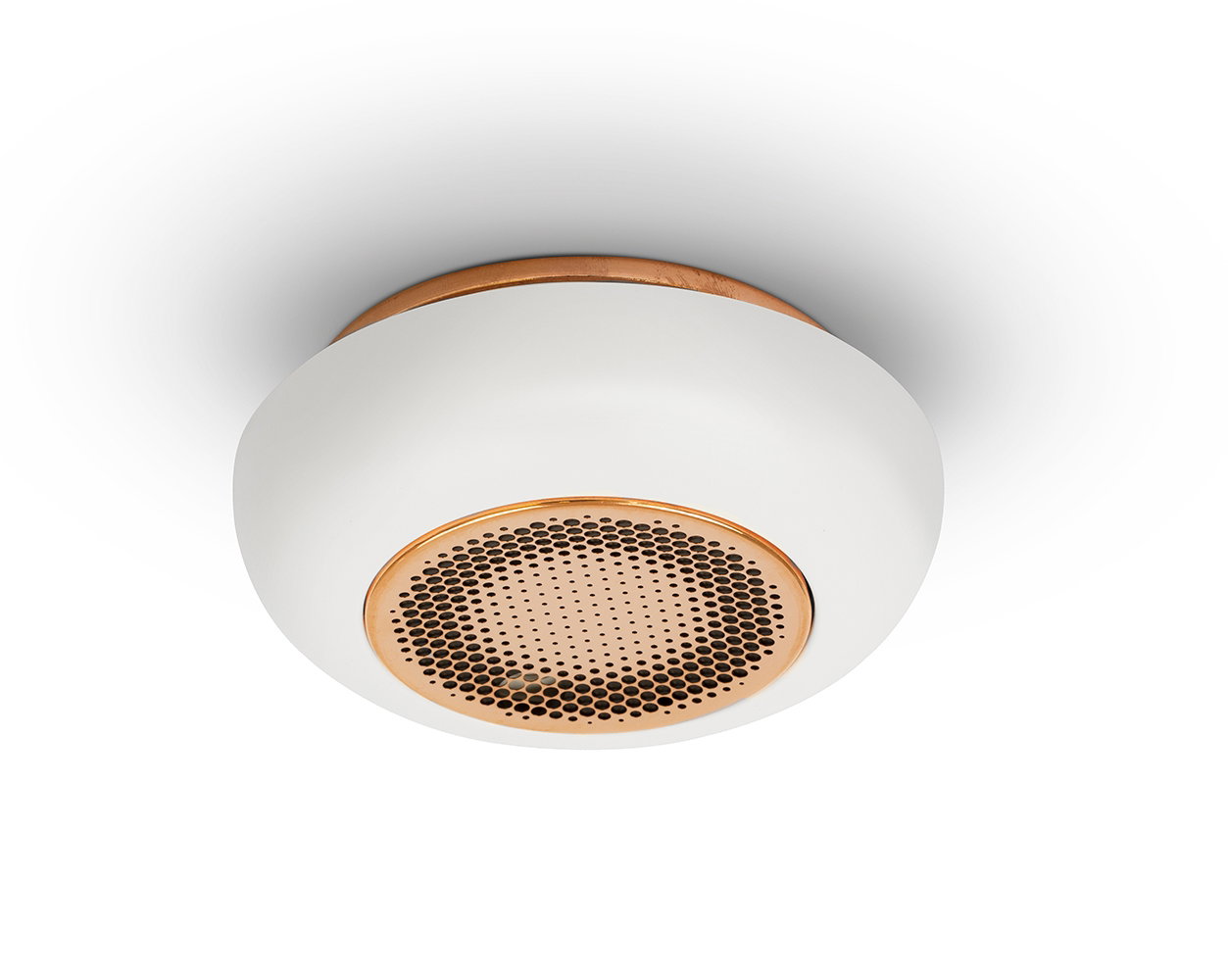 Rund loftlampe i hvid med kobberdetaljer