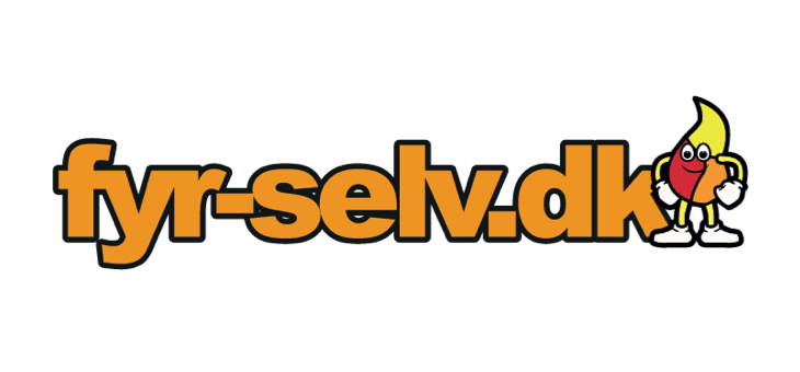 Logo for fyr-selv.dk med store orange bogstaver og en smilende flamme-maskot i højre side på sort baggrund
