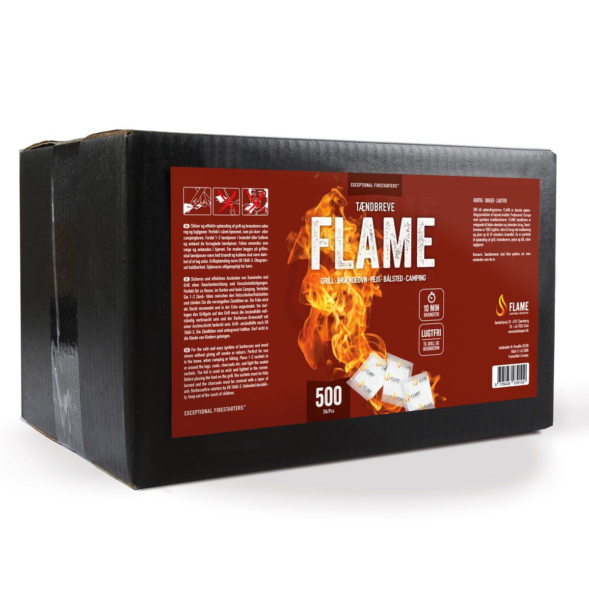 Kasse med FLAME tændbreve 500 stk til grill og bål