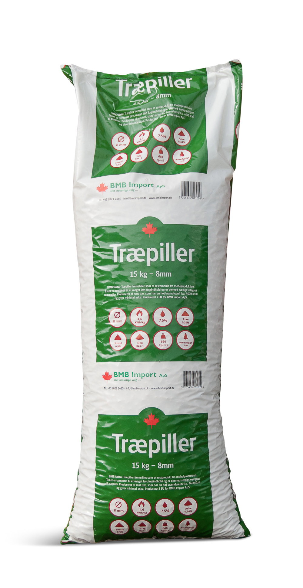 Sæk med træpiller 15 kg 8 mm fra BMB Import