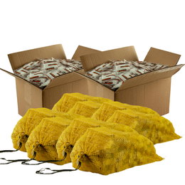 Pakke med musegift i poser og net Kasser og gule net fyldt med musegiftposer