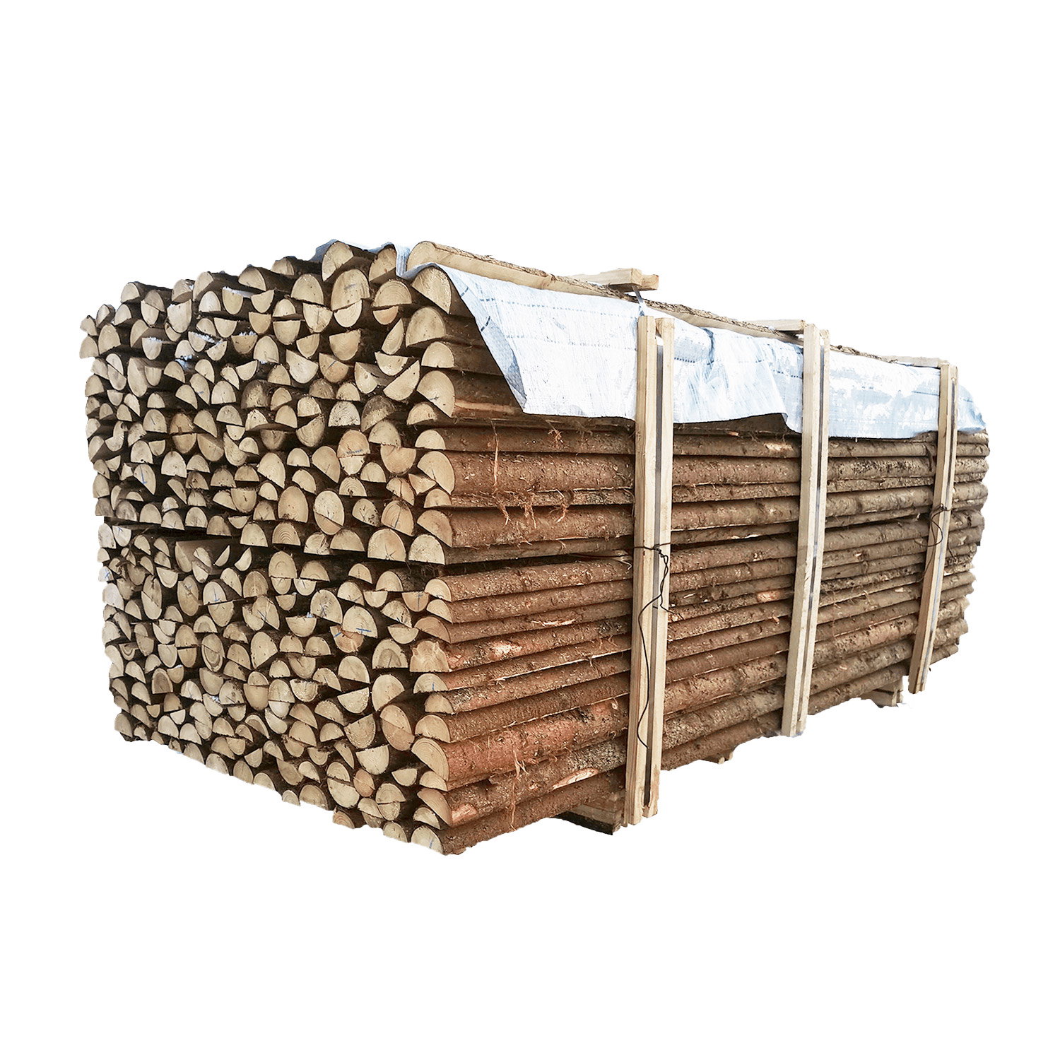 Stak af flækkede (halve) granrafter med bark, Ø 6-9 cm og længde 220 cm, velegnet til haveprojekter; naturlig variation i størrelse og form. Producent: BMB.