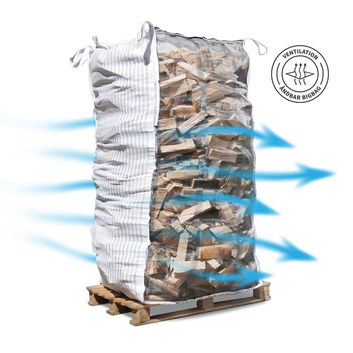 Åndbar bigbag til brænde på palle Ventileret bigbag fyldt med brænde på palle