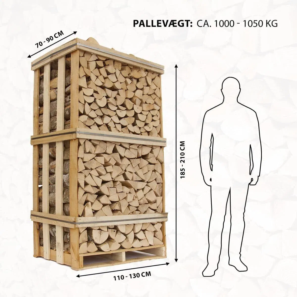 Brændetårn på palle ca. 1.000 kg Brændetårn på palle med mål og vægtangivelse