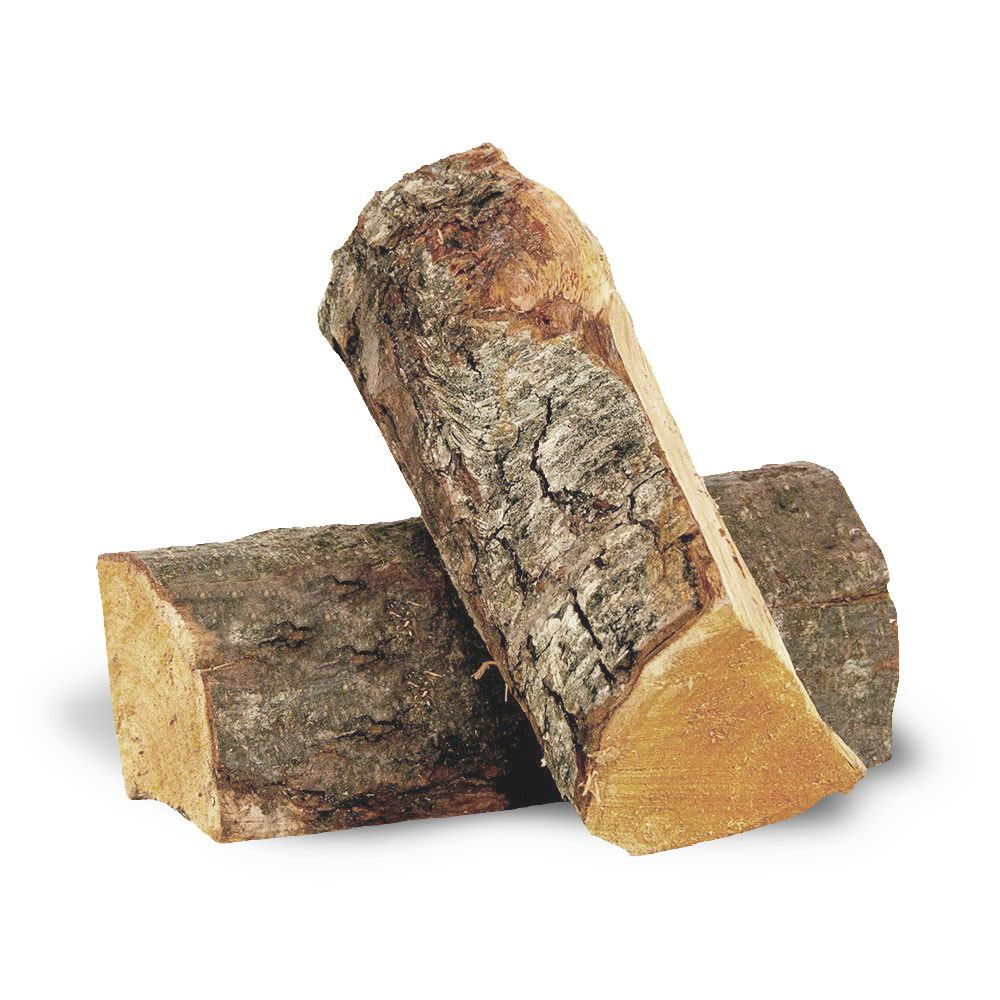 Billede af Dansk Brændeovnsbrænde, lufttørret blandet hårdttræ i 25 cm stykker fra producenten Dansk Brænde, tæt på to brændestykker med bark og skåret ende