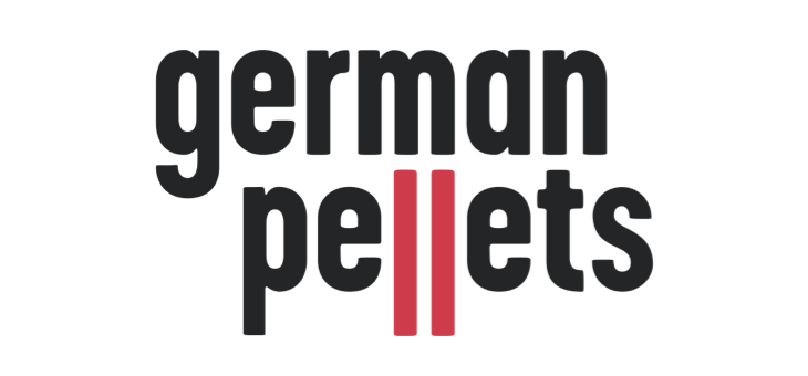 Logo: teksten "german pellets" i sort med to røde lodrette streger midt i ordet