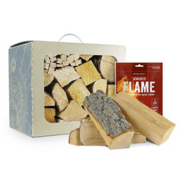 Brænde i boks med tændposer FLAME Pakke med brænde og FLAME optændingsbreve