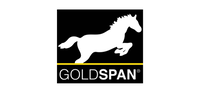 Goldspan-logo – hvid springende hest over gul linje på sort baggrund Goldspan-logo med hvid springende hest over gul linje på sort baggrund
