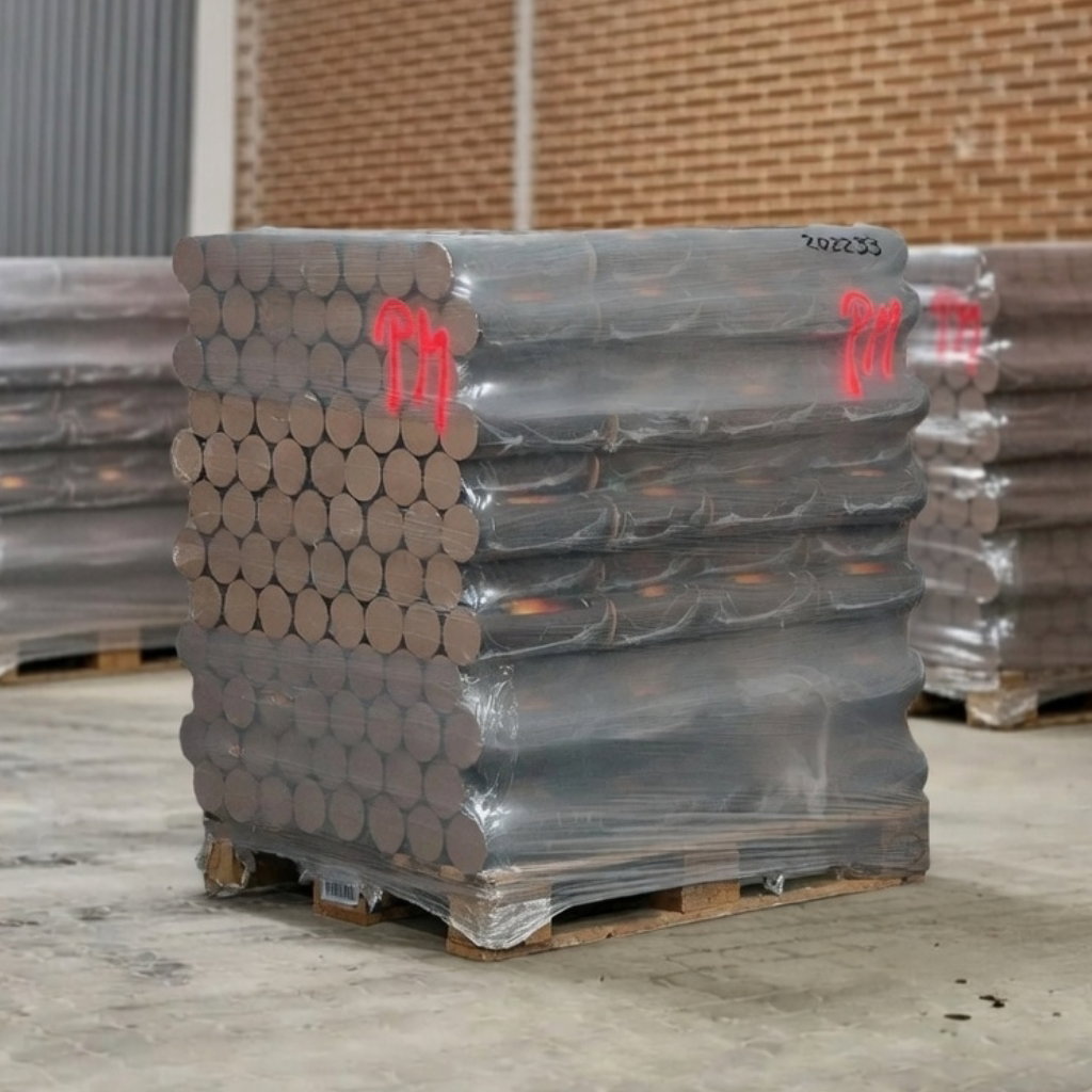 Palle med BMB Deluxe bøgebriketter Premium Plus, rundformede bøgebriketter stablet og indpakket i plastfilm, levering inkluderer 10 poser optænding