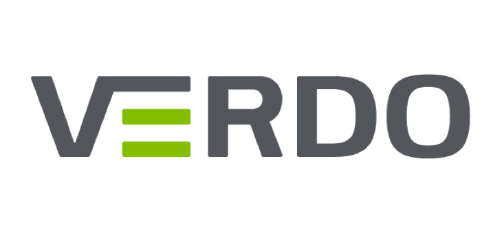 Verdo-logo i grå og grøn med to grønne streger i E Verdo-logo med grå bogstaver og to grønne streger i bogstavet E