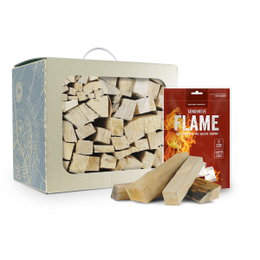 Brænde i boks med tændbreve til grill og bål Kasse med brænde og FLAME tændbreve til optænding