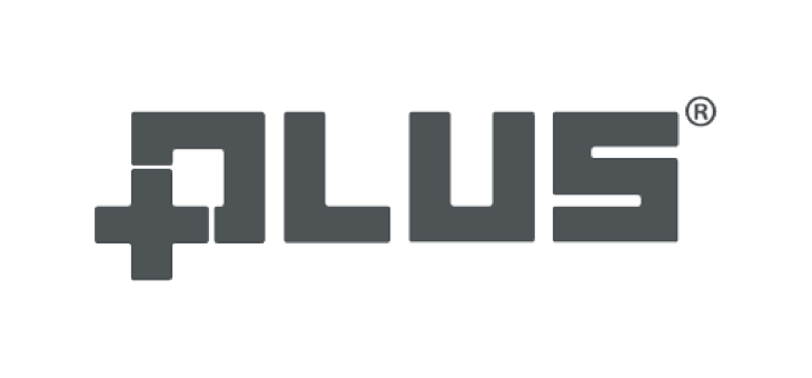 PLUS-logo i gråt med korsformet plustegn på mørk baggrund Gråt, stiliseret PLUS-logo med korsformet plustegn på mørk baggrund