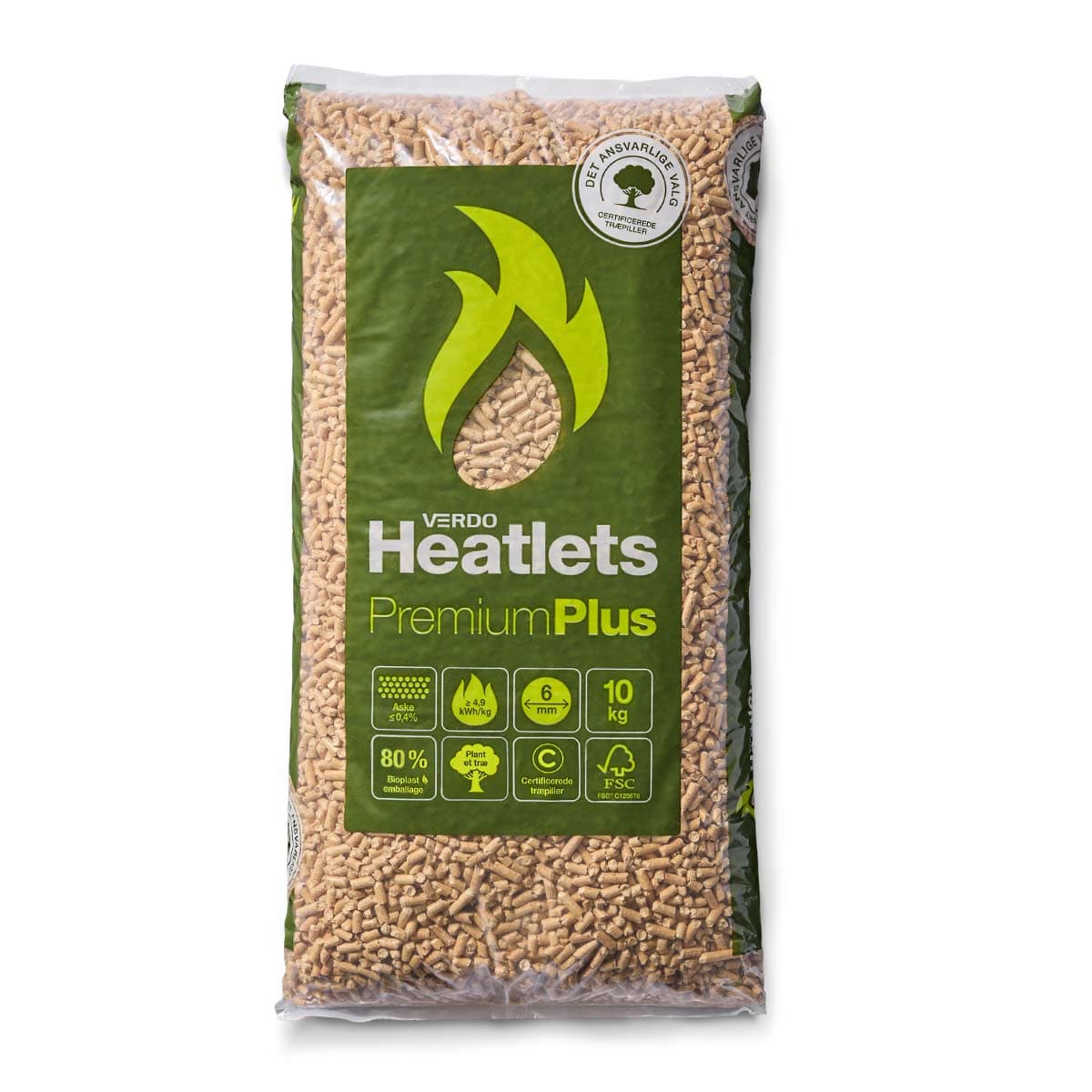 Verdo Heatlets Premium Plus træpiller 10 kg Sæk med Verdo Heatlets Premium Plus træpiller 10 kg