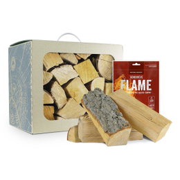 Brænde i kasse med optændingspakke Tørret brænde i kasse med tændbreve FLAME