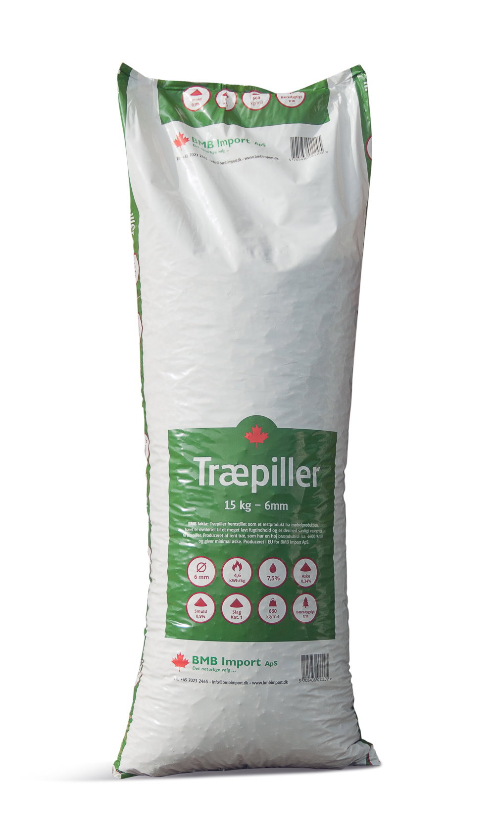 Træpiller 15 kg 6 mm fra BMB Import Sæk med træpiller 15 kg 6 mm fra BMB Import