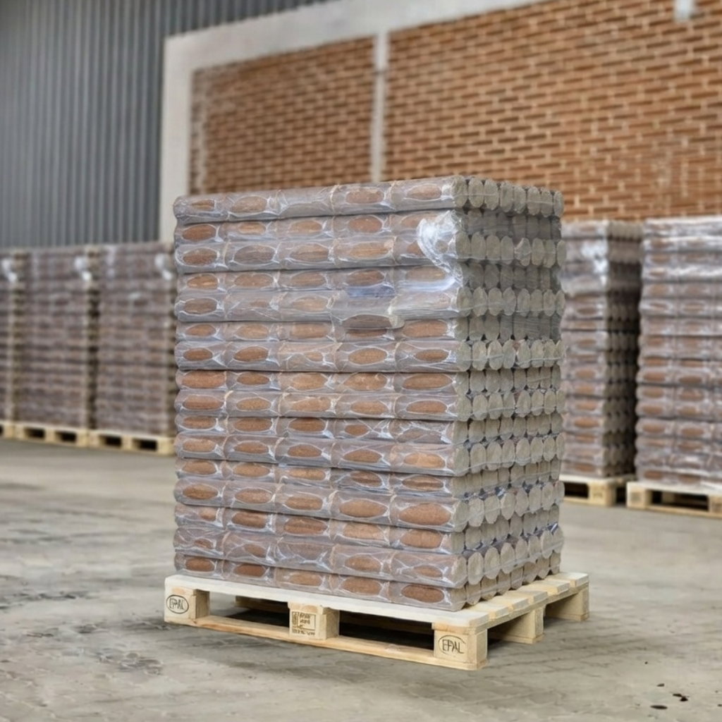 Palle med Deluxe Bøgebriketter Premium fra BMB, indpakket i plast og inkl. 10 poser optænding, tæt stablede bøgebriketter på lager