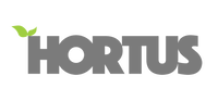 HORTUS logo med grønt blad HORTUS logo, grå typografi med lille grønt blad over bogstavet H