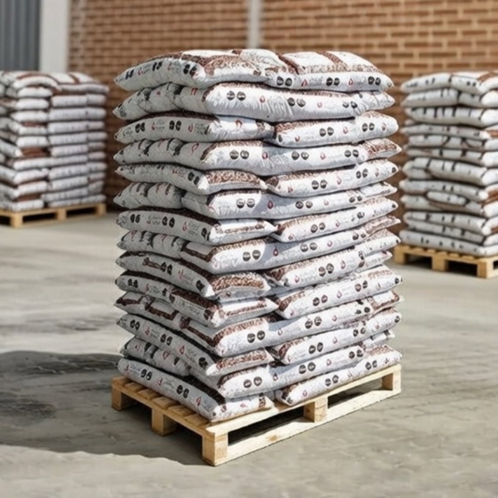Danske Træpiller 6 mm - 896 kg palle (16 kg poser) | ENplus & DIN+ - Produceret i Danmark Palle med 896 kg Danske træpiller i 6 mm, stablet i 16 kg poser på palle på lager; hvidtrykte poser, ENplus og DIN+ certificerede, lokalt produceret i Danmark
